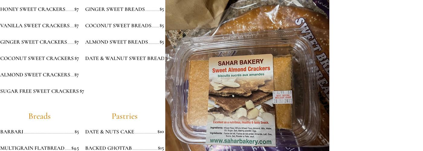 Sahar Bakery Menu