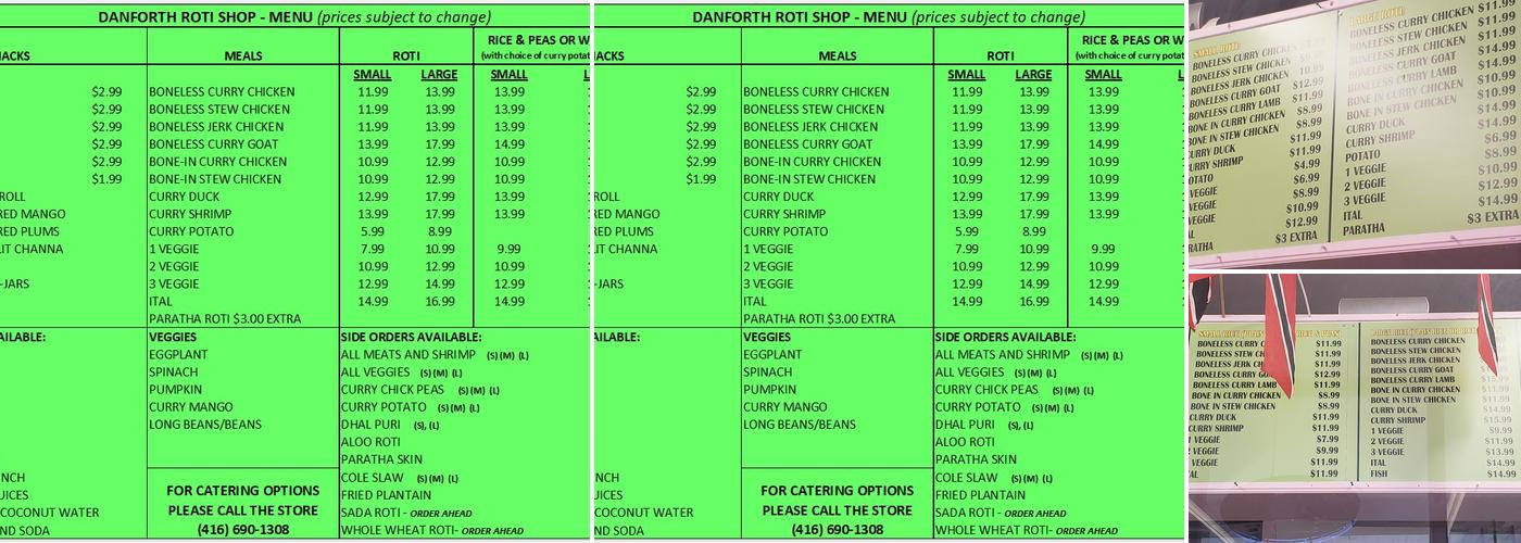 Danforth Roti Shop Menu