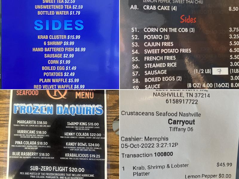 Krustaceans Seafood Menu