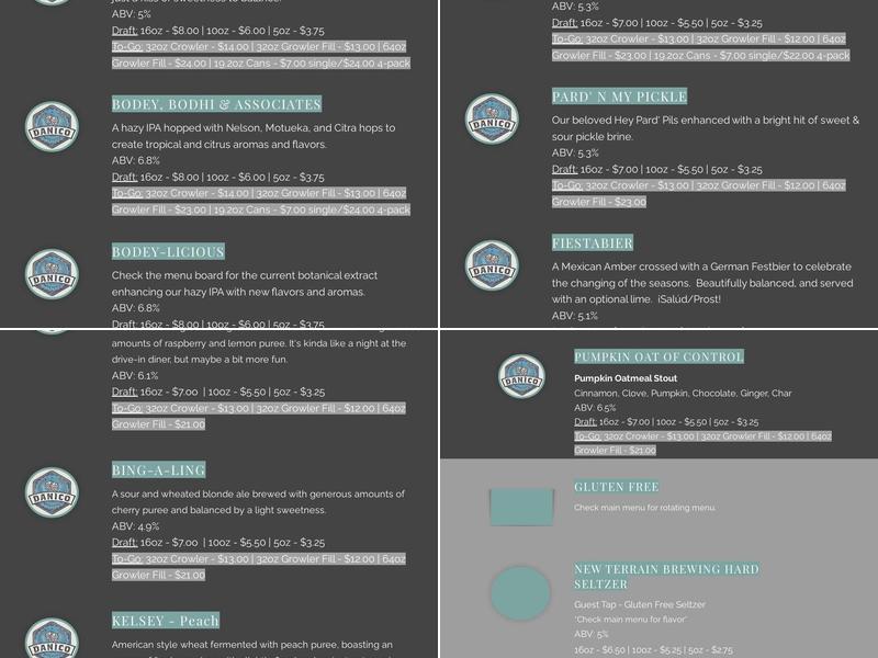 Danico Brewing Company Menu