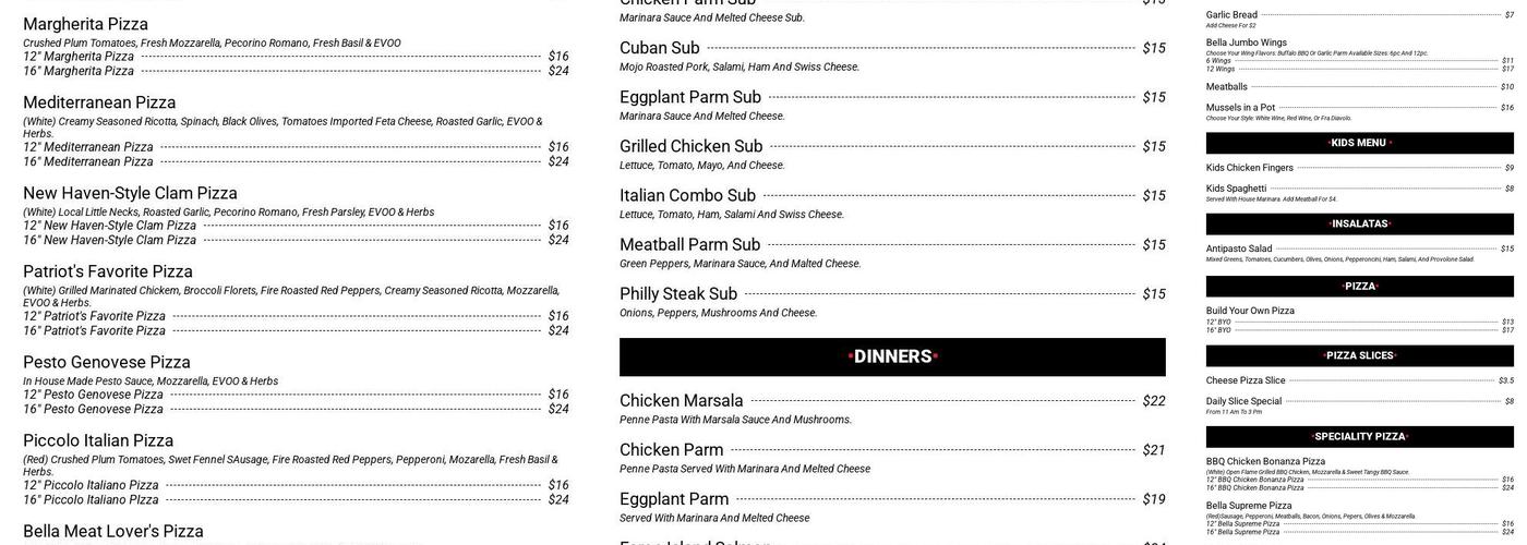 Bella Pizzeria & Grill Menu