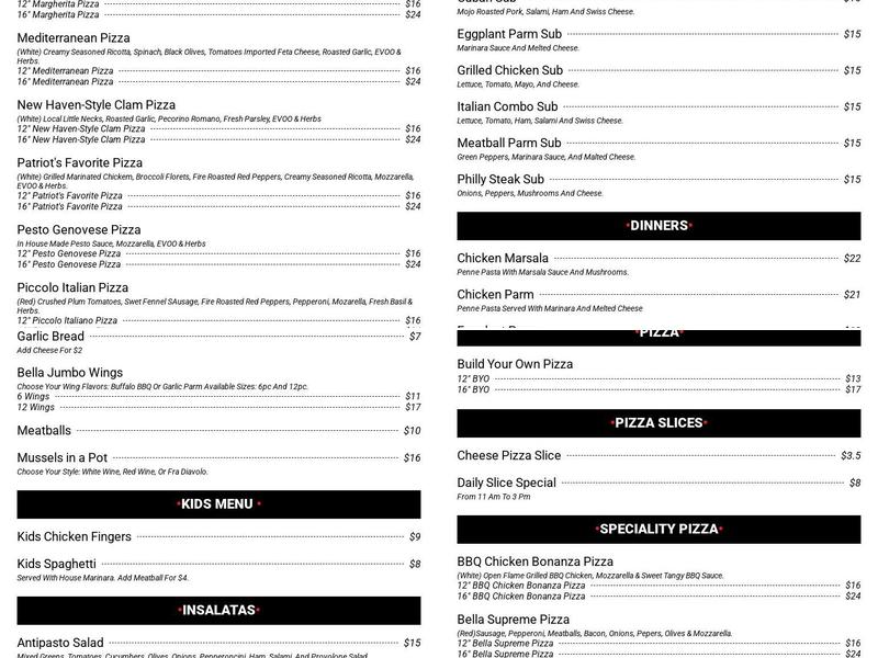 Bella Pizzeria & Grill Menu