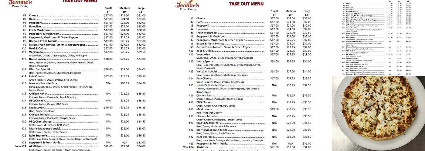 Jeanne's Pizza Pantry Menu