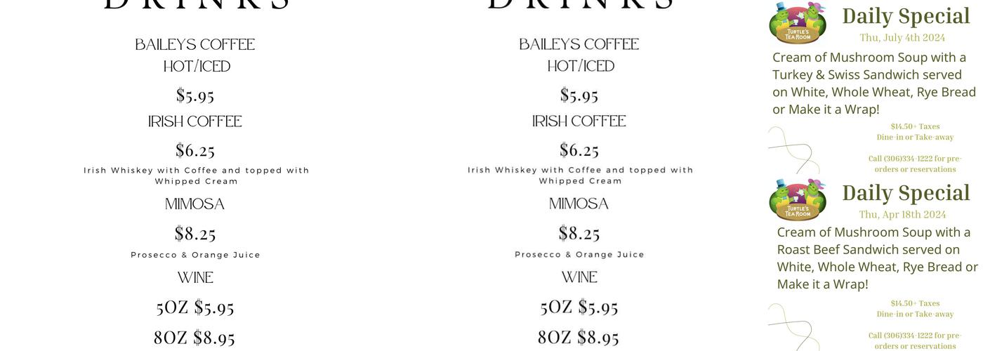 Turtle's Tea Room Menu