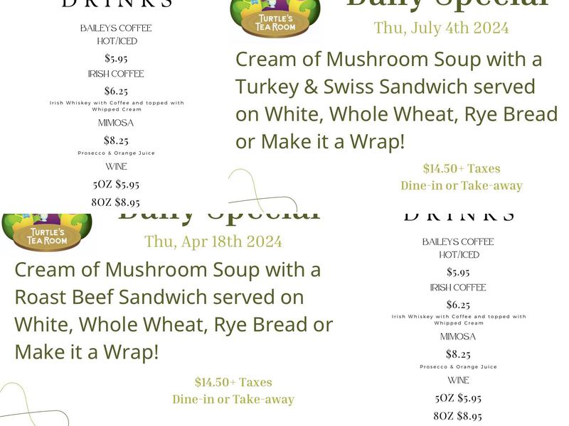 Turtle's Tea Room Menu