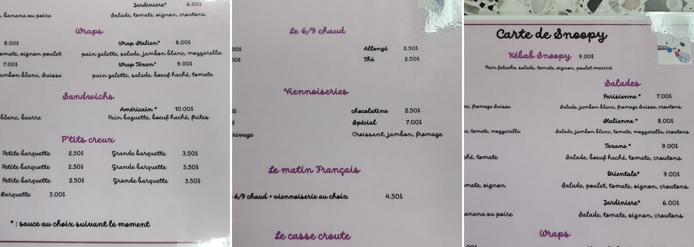 Restaurant le nouveau snoopy Menu