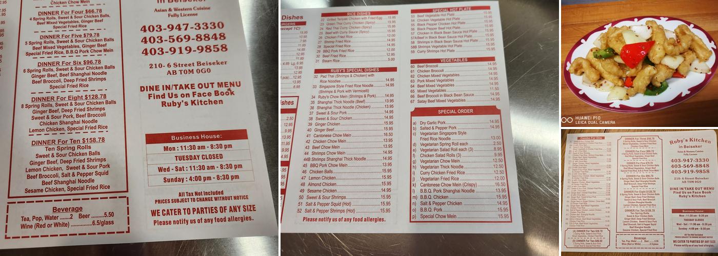 Ruby's Kitchen in Beiseker Menu