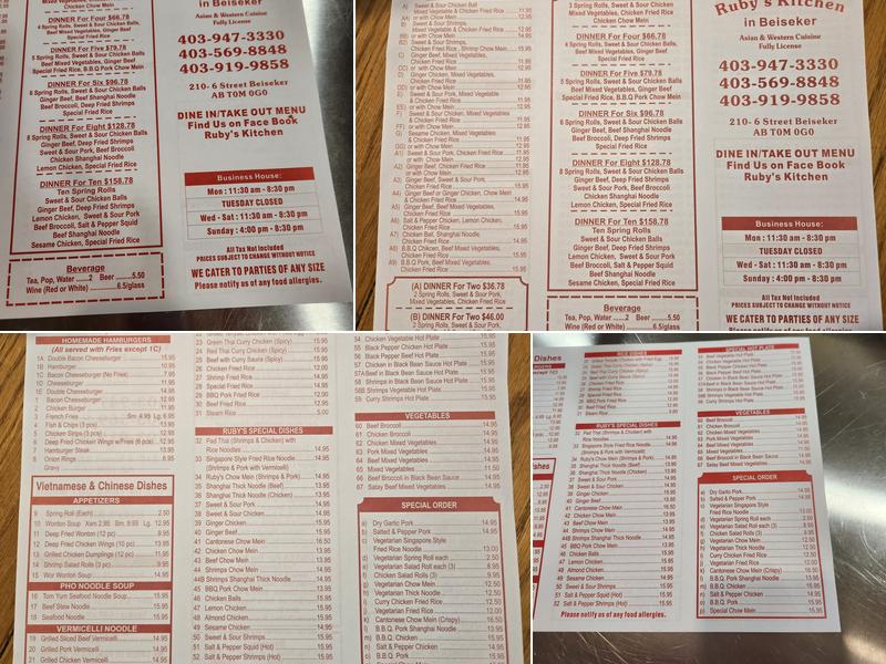 Ruby's Kitchen in Beiseker Menu