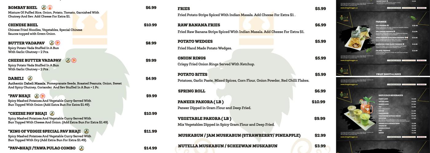 King of Veggie Menu