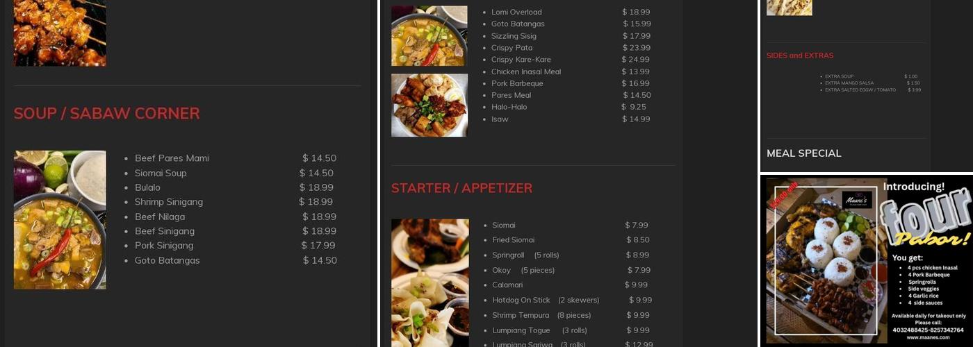 Maane's Filipino Food Stuff Menu
