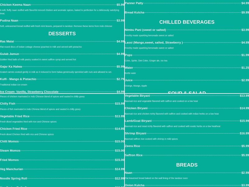 Original Sweets Menu