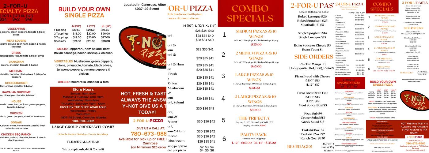 Y-NOT PIZZA & PASTA LTD. Menu