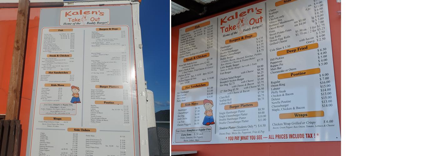 Kalen's Takeout Menu