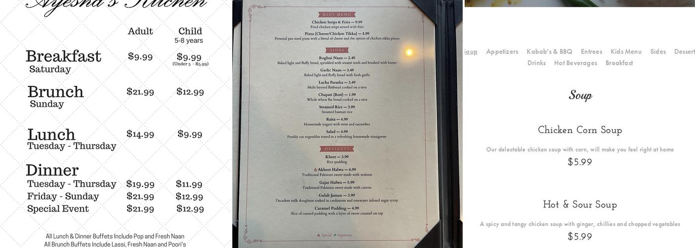 Ayesha's Kitchen Menu