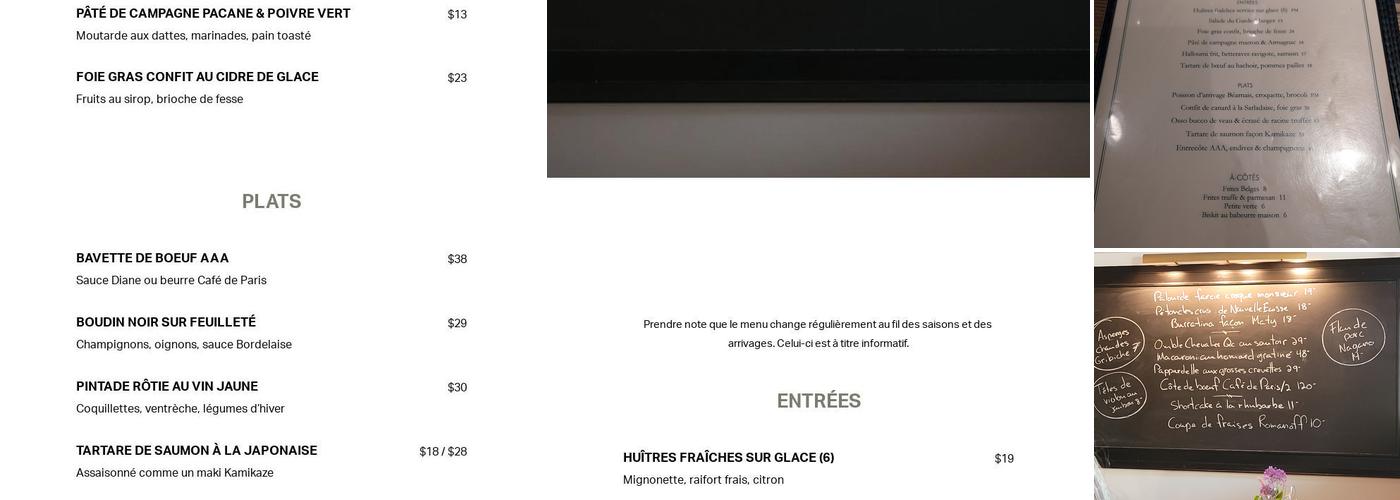 Restaurant PAVANE Menu