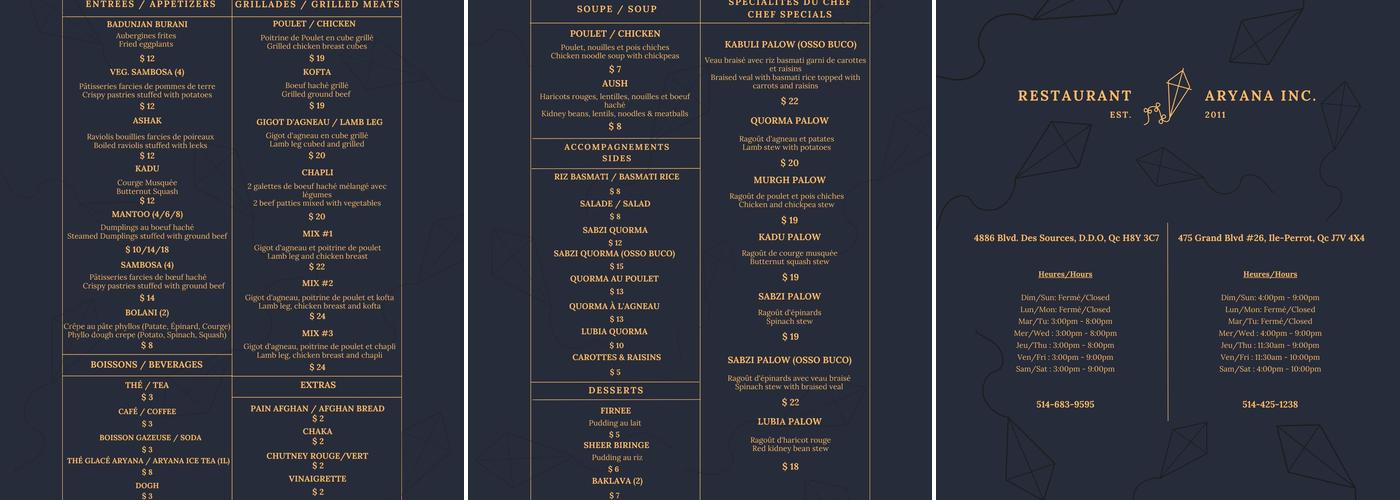 Restaurant Aryana Île-Perrot Menu