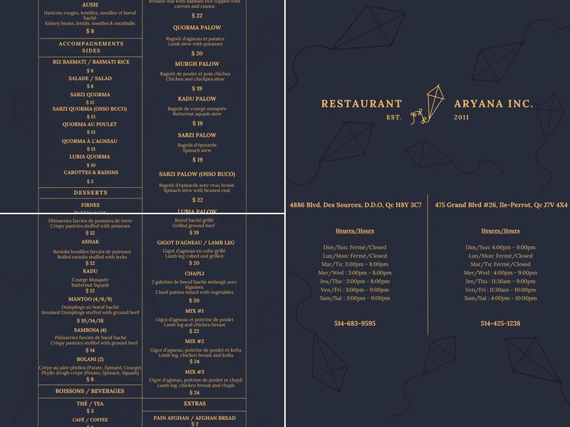 Restaurant Aryana Île-Perrot Menu