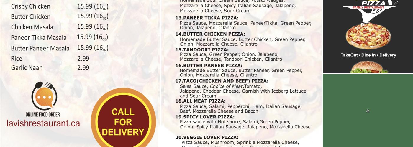 Lavish Pizza and Family Restaurant Menu