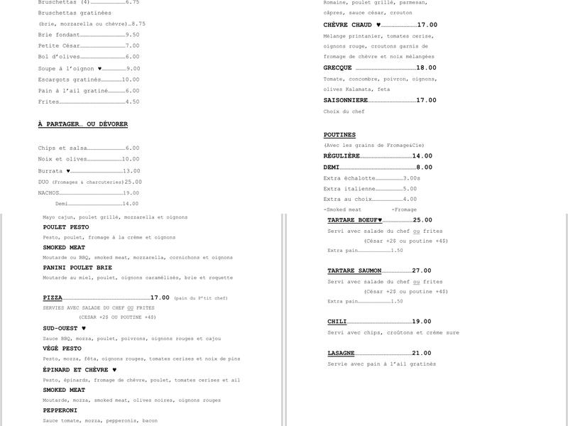 Le Pub Menu