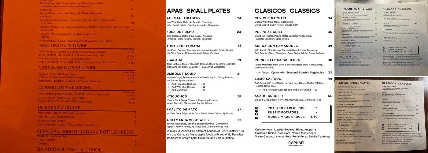Raphaël Peruvian Cuisine Menu
