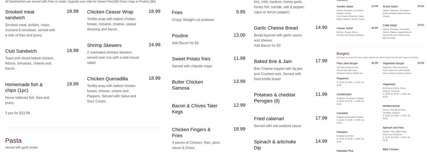 George's Bar & Grill Menu