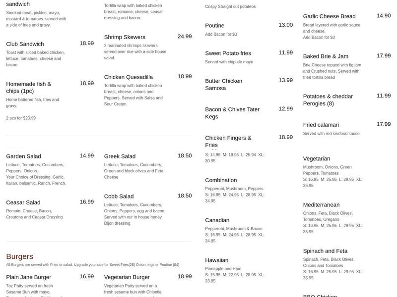 George's Bar & Grill Menu