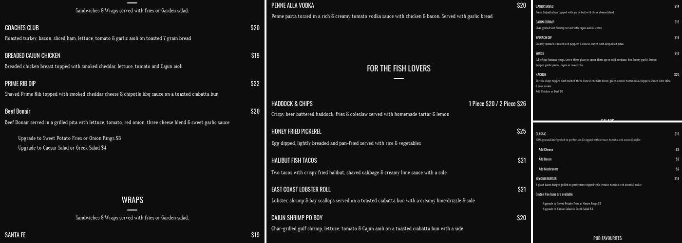 Coaches Pub Menu