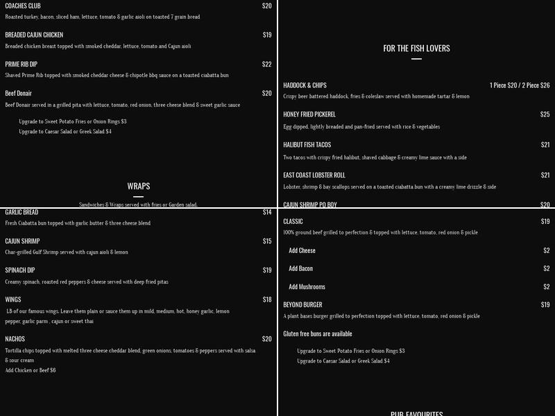 Coaches Pub Menu