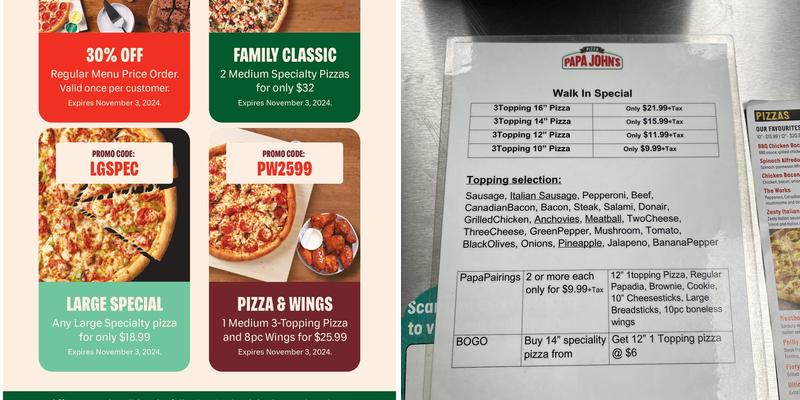 Papa Johns Pizza Menu