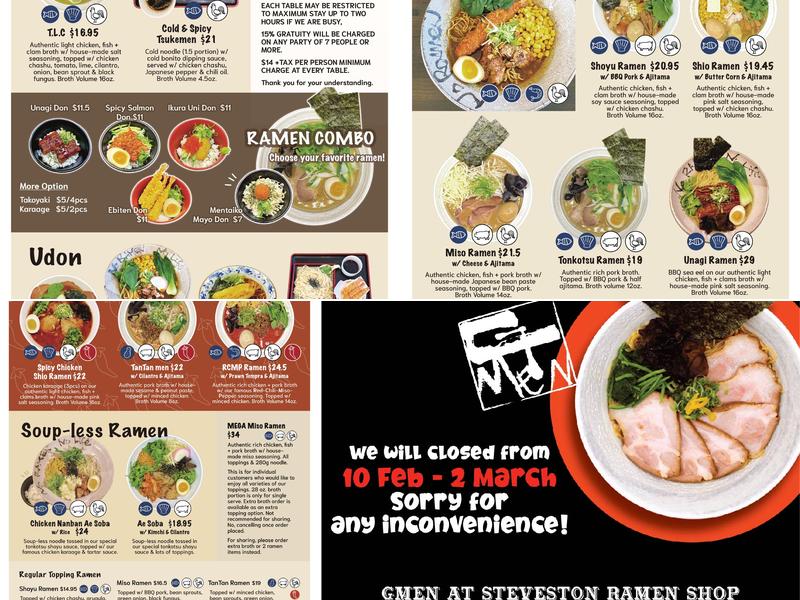 G-Men at Steveston Ramen Shop Menu