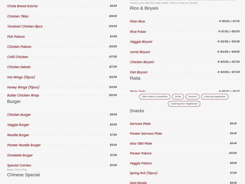 Royal Curry Restaurant & Sweets Menu