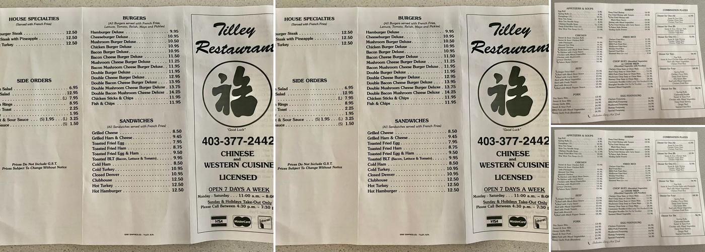 Tilley Restaurant Menu