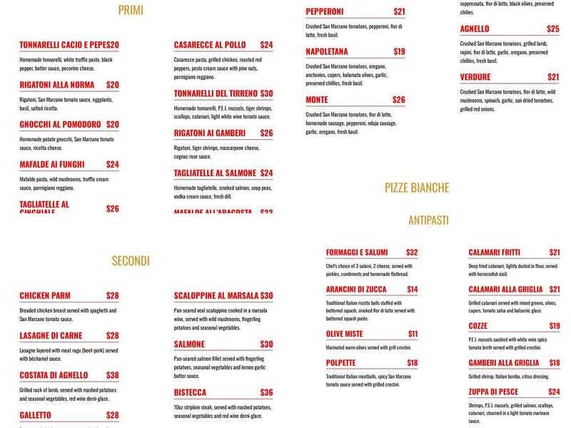 Monte Bianco Italian Cuisine and Pizzeria Menu