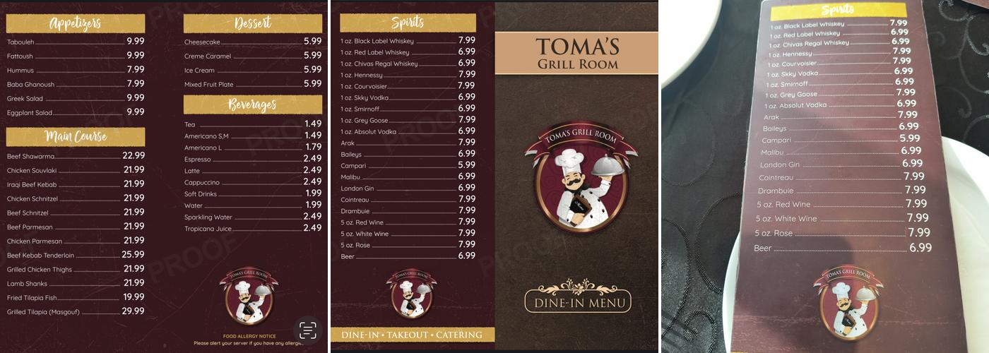 Toma’s Grill Room Menu