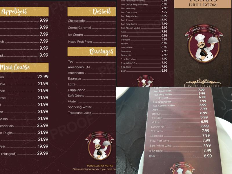 Toma’s Grill Room Menu