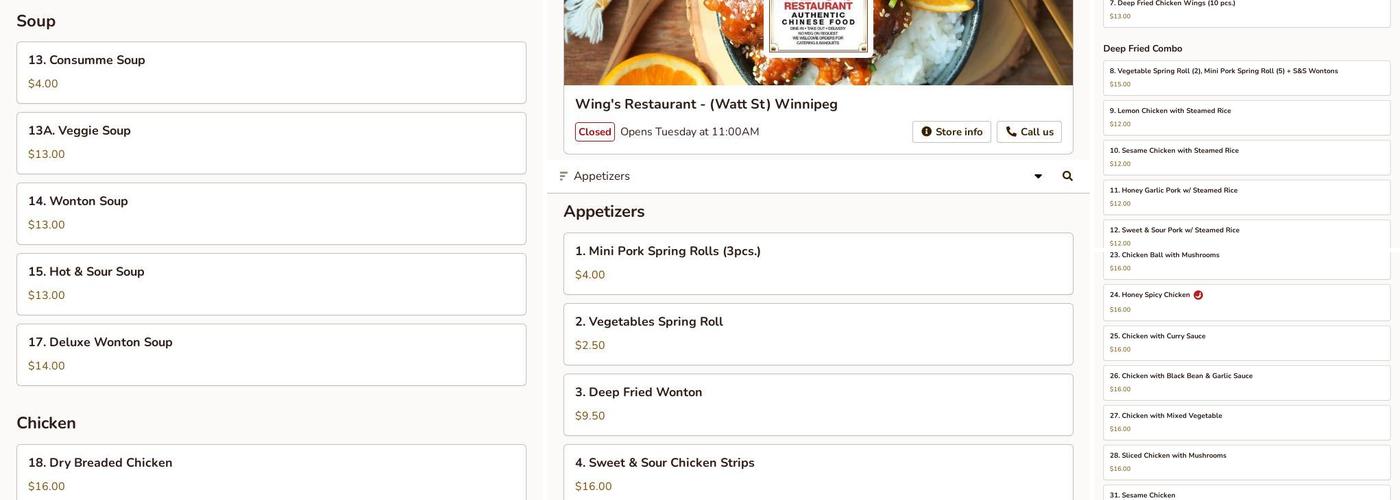 Wing's Restaurant Menu