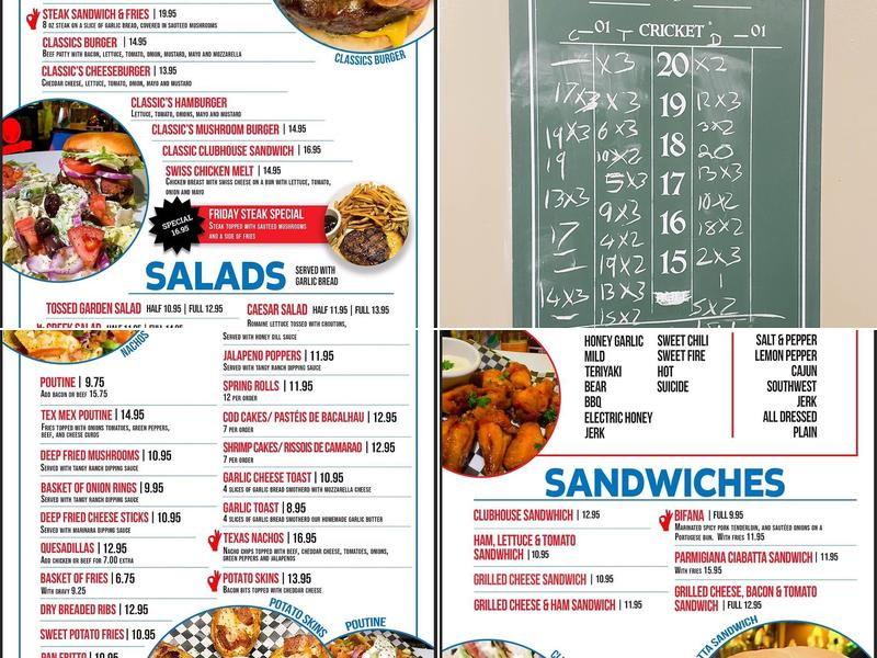 Classics Billiards Bar & Grill Menu