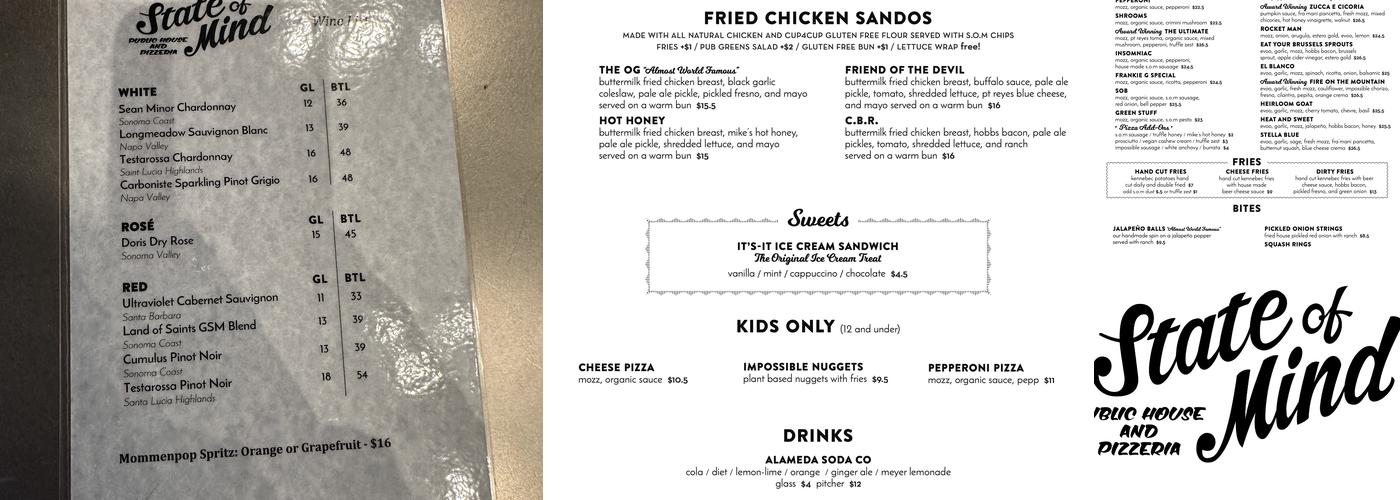 State of Mind Public House and Pizzeria Menu