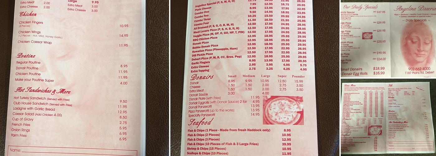 Angelina’s pizzeria Menu