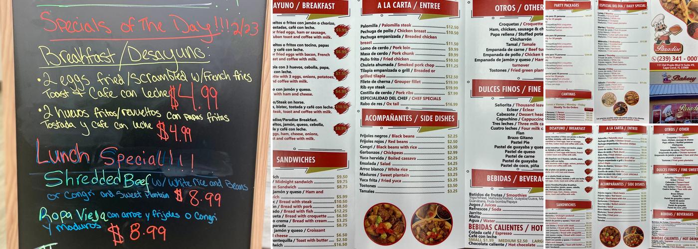 J&J Paradise Bakery Menu