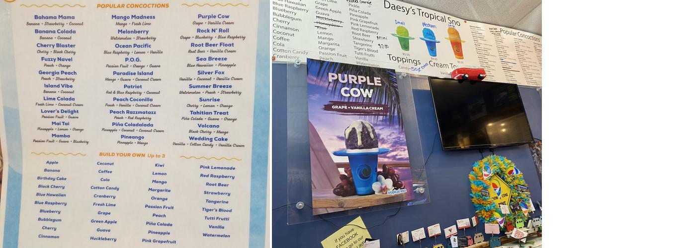 Daesy's Tropical Sno Menu