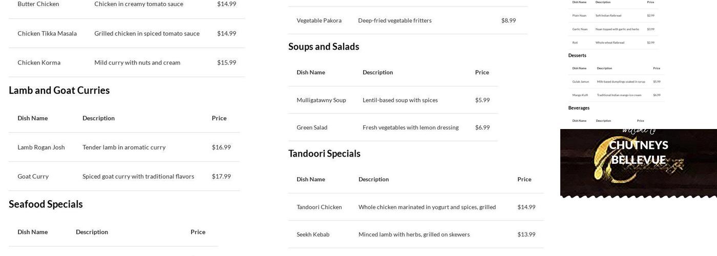 Chutneys Bellevue Menu