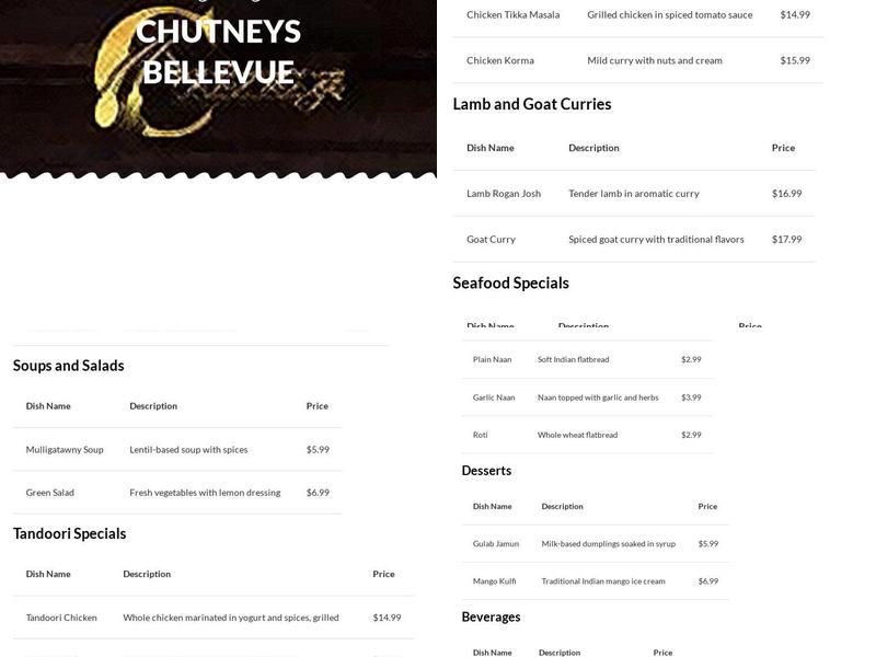 Chutneys Bellevue Menu