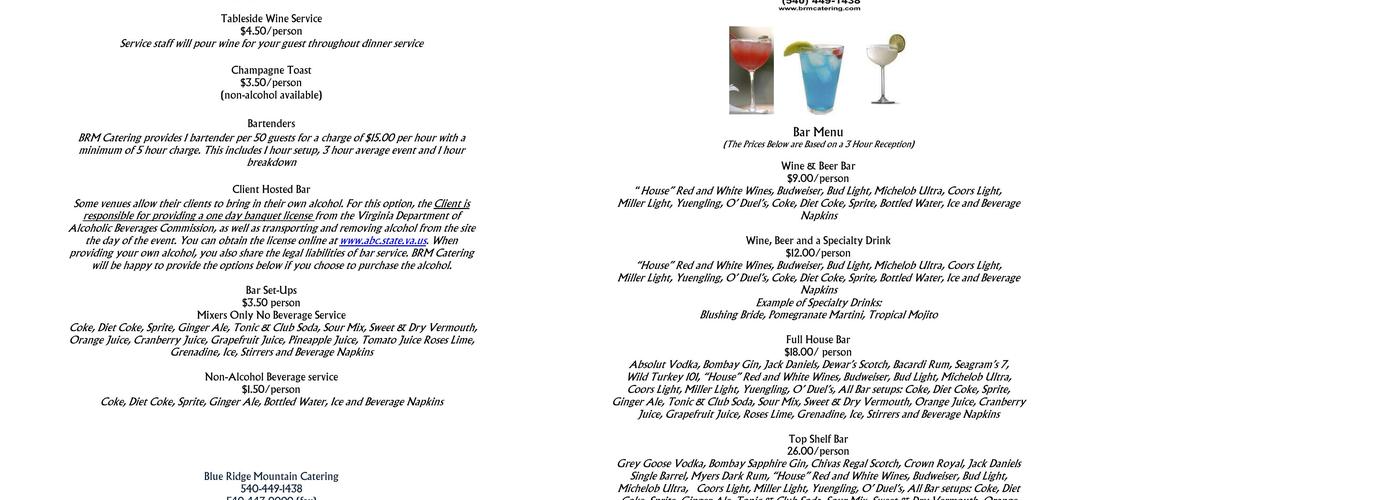Blue Ridge Mountain Catering Menu