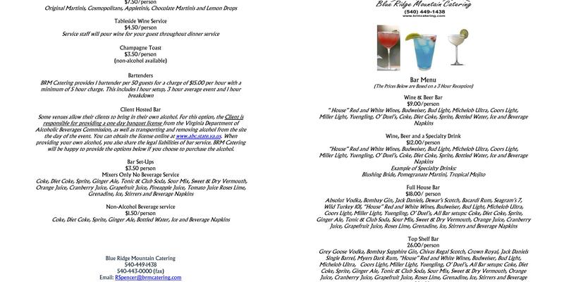 Blue Ridge Mountain Catering Menu