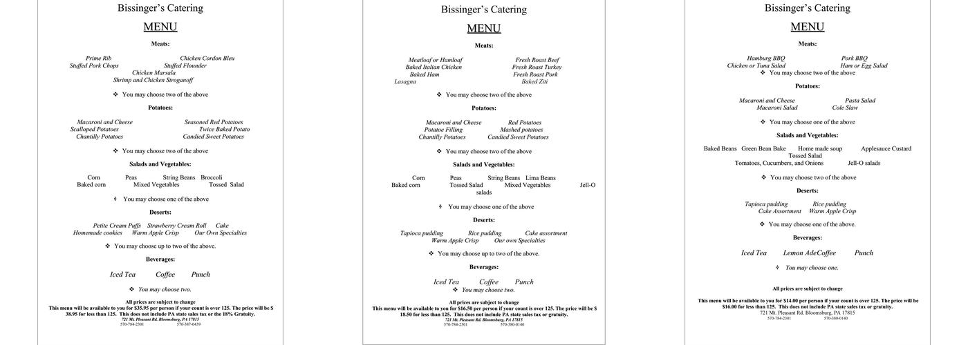 Bissinger's Catering and Concessions Inc Menu