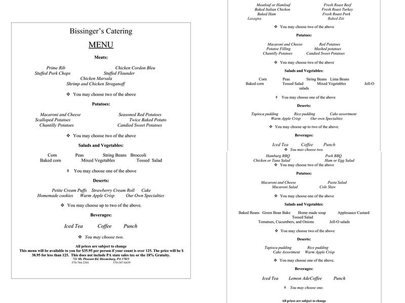 Bissinger's Catering and Concessions Inc Menu
