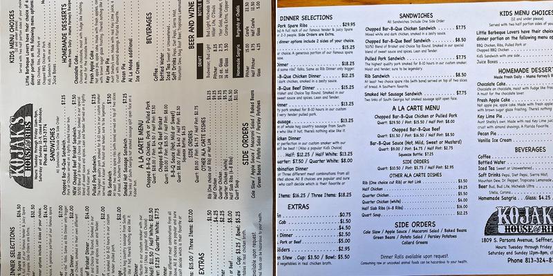Kojacks house of ribs Menu