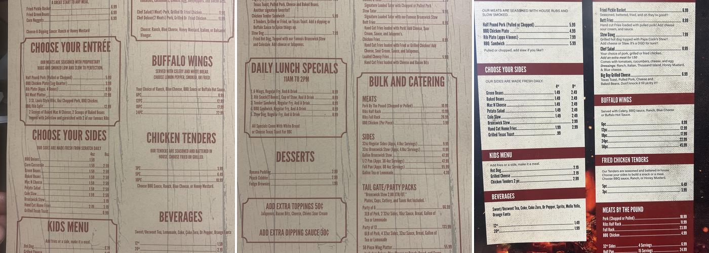 Cook’s BBQ Menu