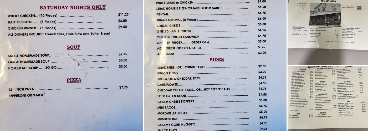 Cedar Grove Tavern Menu